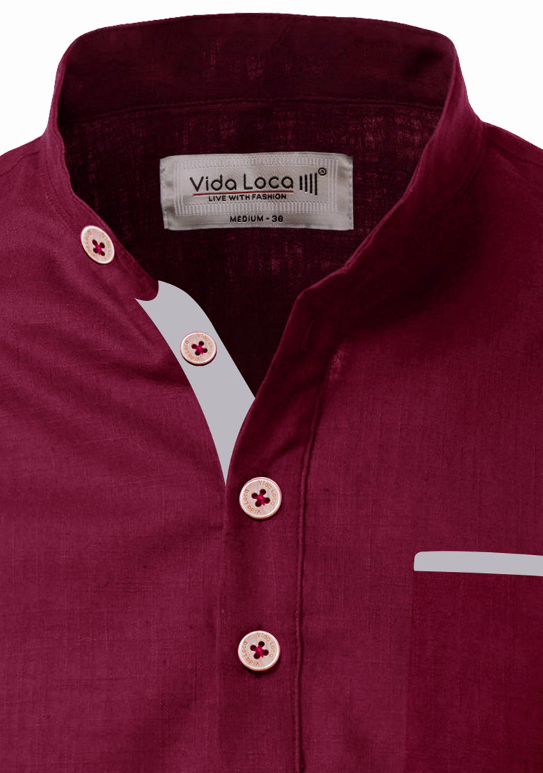 BLUE ROBED men's Casual Slim Fit Full Sleeve Pocket Contrast Kurta in Maroon view 5