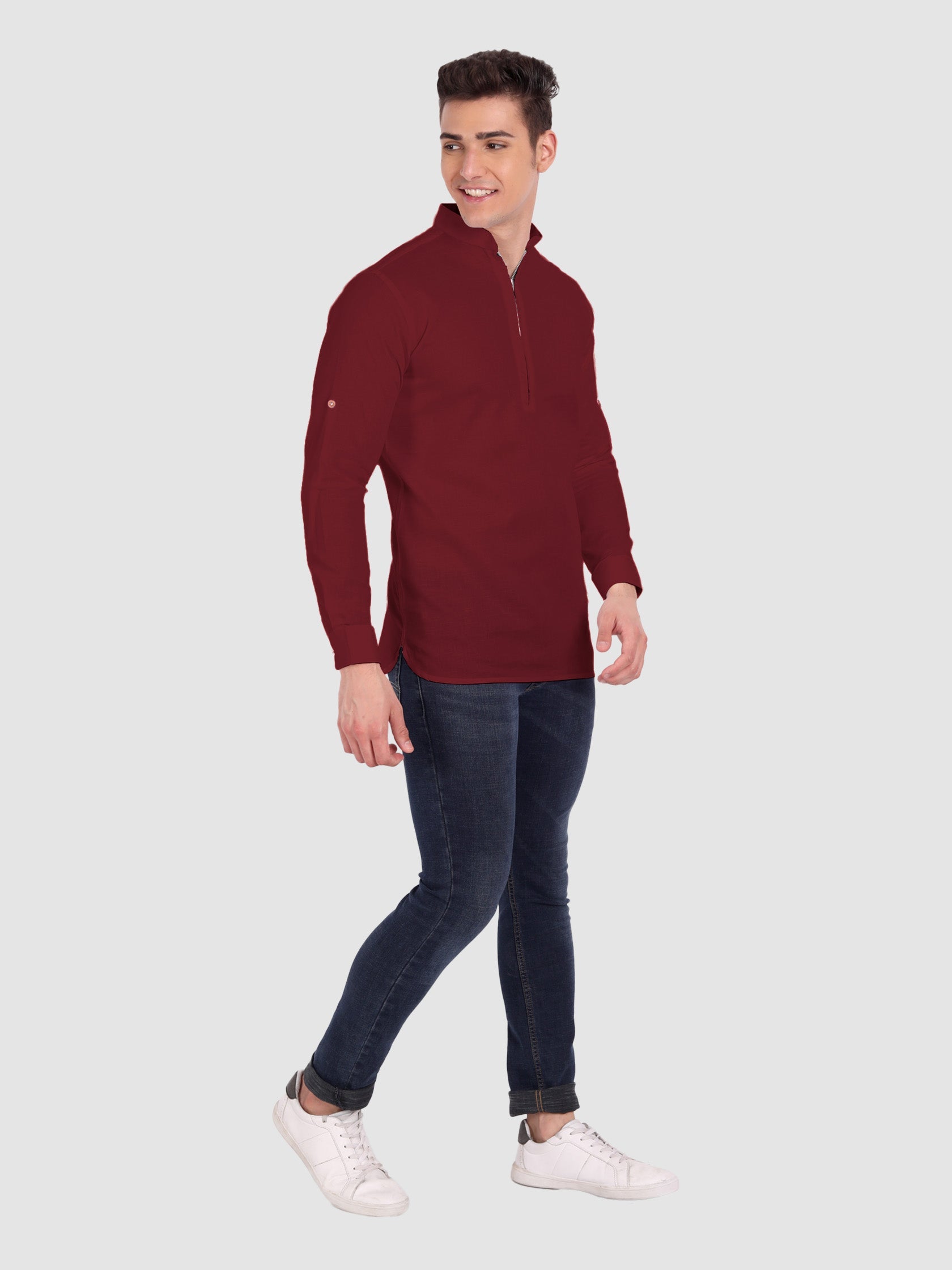 BLUE ROBED men's Casual ZIP Style Full Sleeve Cotton Kurta in Maroon view 25