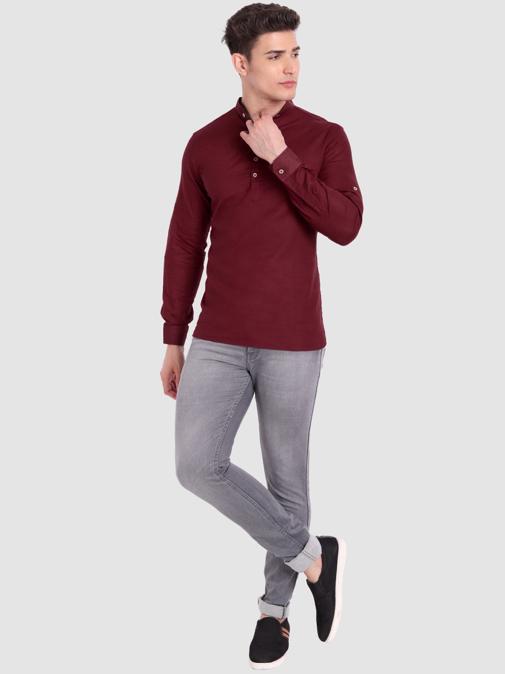 BLUE ROBED men's Casual Slim Fit Full Sleeve Cotton Kurta in Maroon view 5