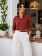 Women’s Solid Maroon Office Wear Shirt – Viscose Rayon Fabric | 3/4th Sleeves