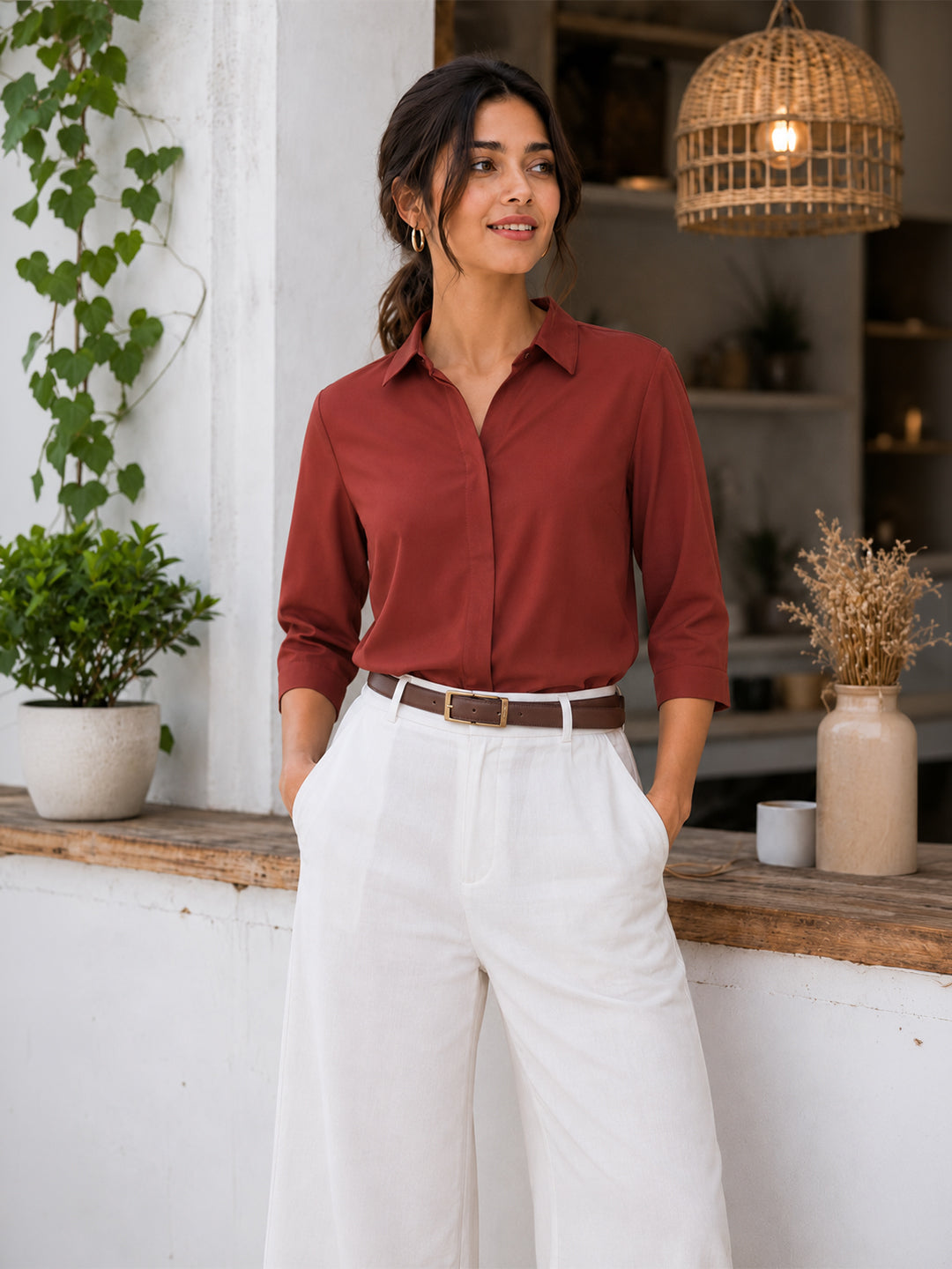 Women’s Solid Maroon Office Wear Shirt – Viscose Rayon Fabric | 3/4th Sleeves