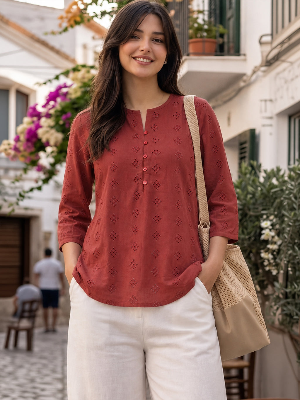 Women’s Maroon Embroidered Casual Top | Georgette Fabric | Regular Fit
