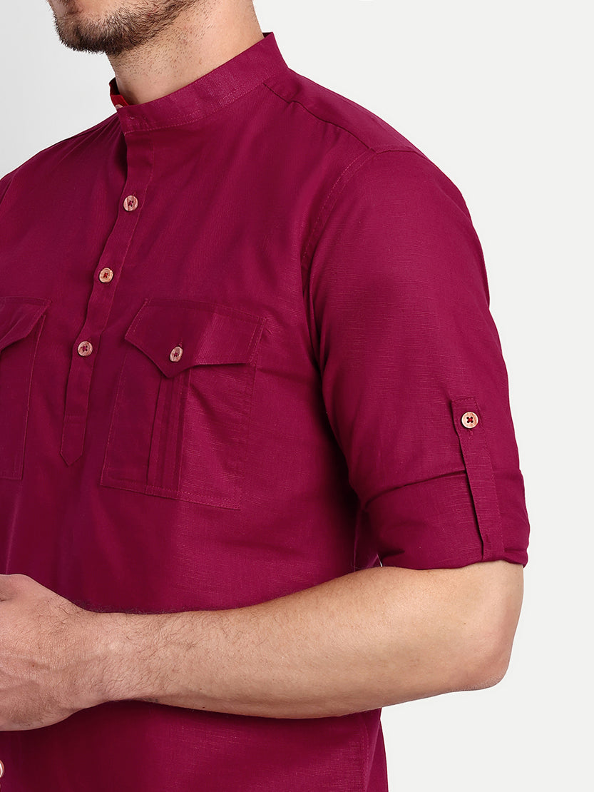 BLUE ROBED men's Casual Slim Fit Full Sleeve Double Pocket Cotton Trendy Kurta in Maroon view 26