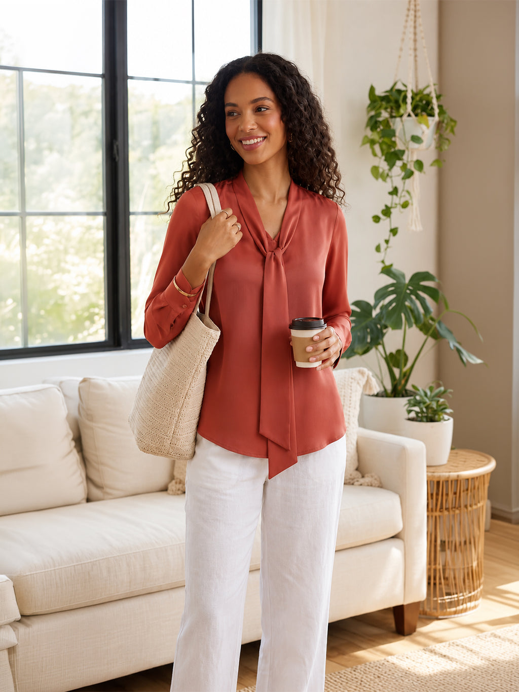 Women's Elegant Tie-Neck Long Sleeve Crepe Blouse – Dusty Rose