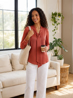Women's Elegant Tie-Neck Long Sleeve Crepe Blouse – Dusty Rose