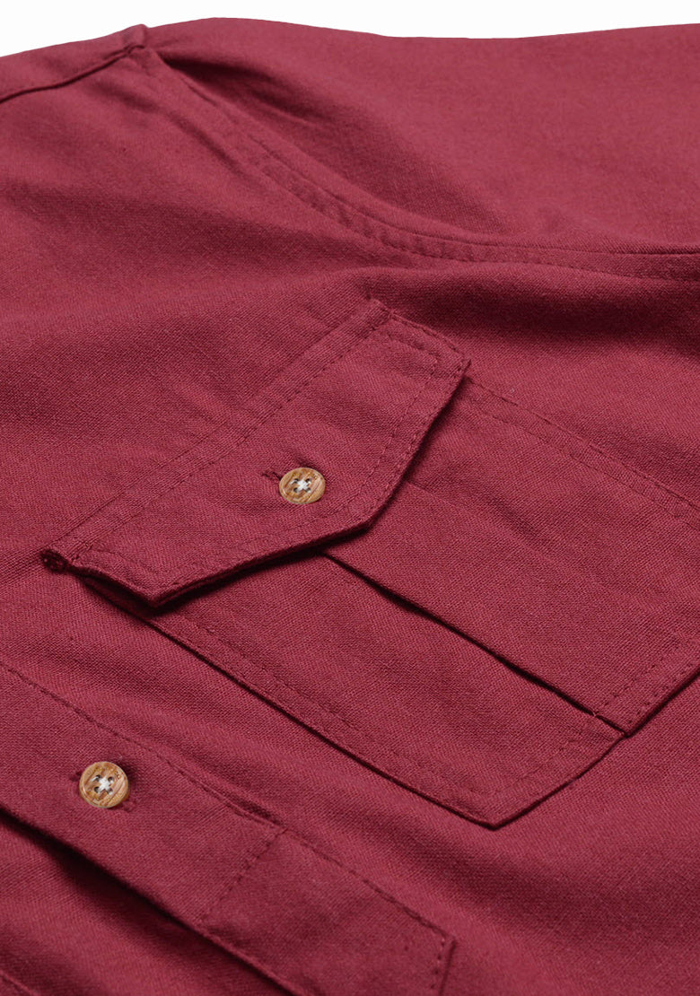 BLUE ROBED men's Casual Slim Fit Full Sleeve Double Pocket Cotton Kurta in Maroon view 14