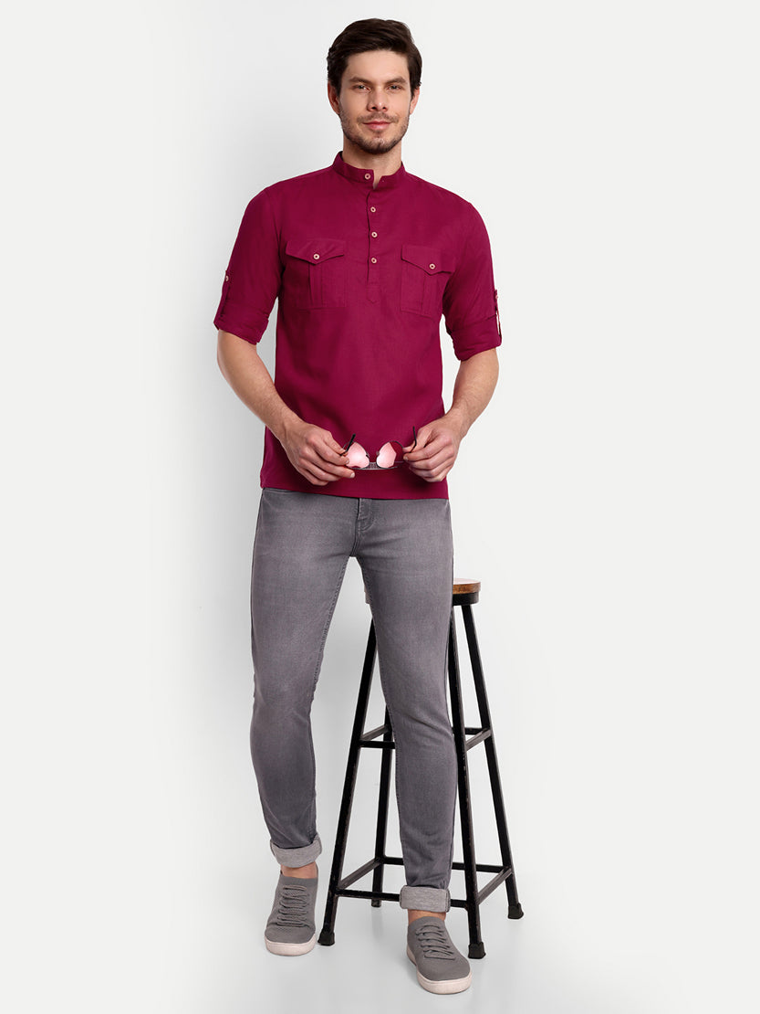 BLUE ROBED men's Casual Slim Fit Full Sleeve Double Pocket Cotton Trendy Kurta in Maroon view 27