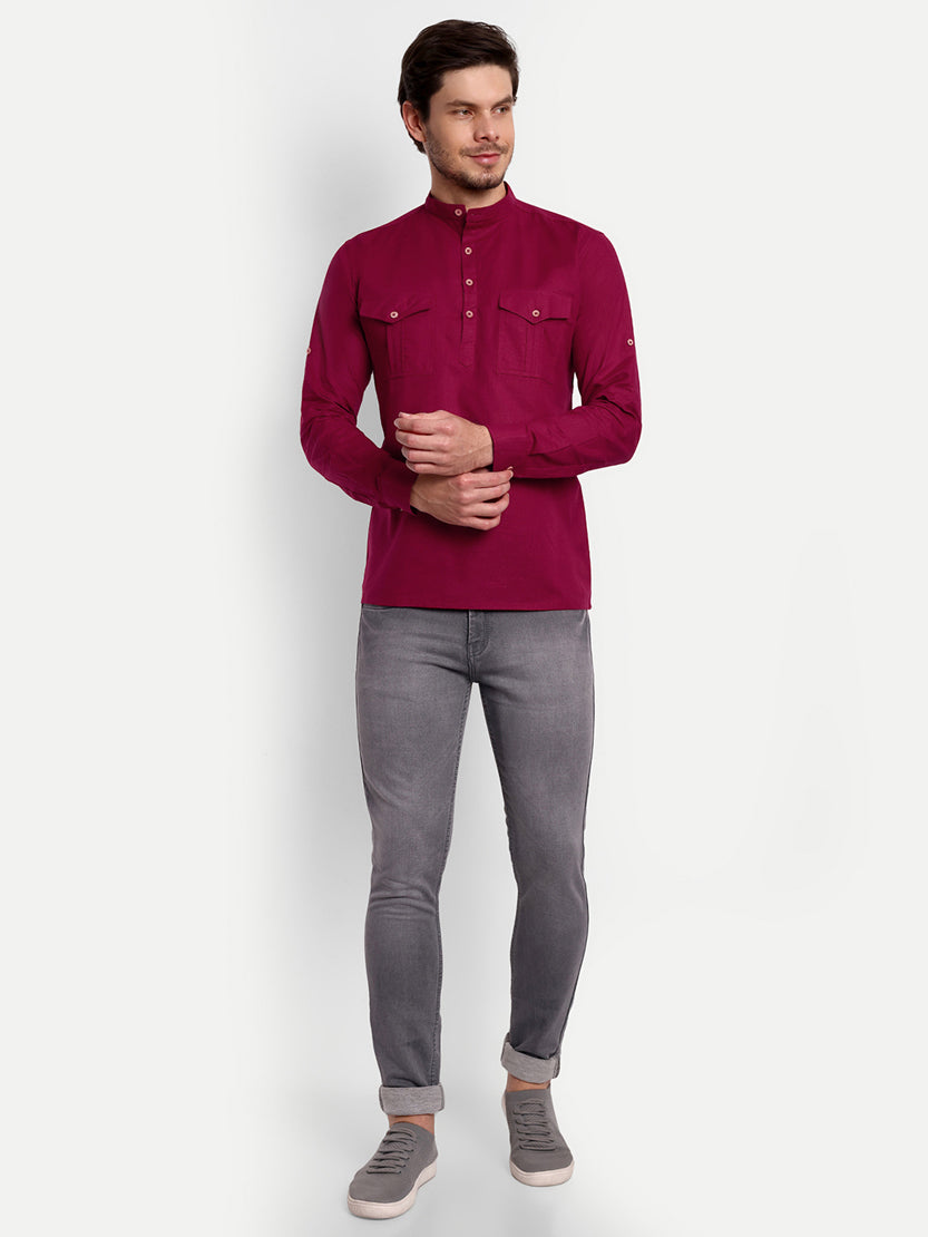 BLUE ROBED men's Casual Slim Fit Full Sleeve Double Pocket Cotton Trendy Kurta in Maroon view 28