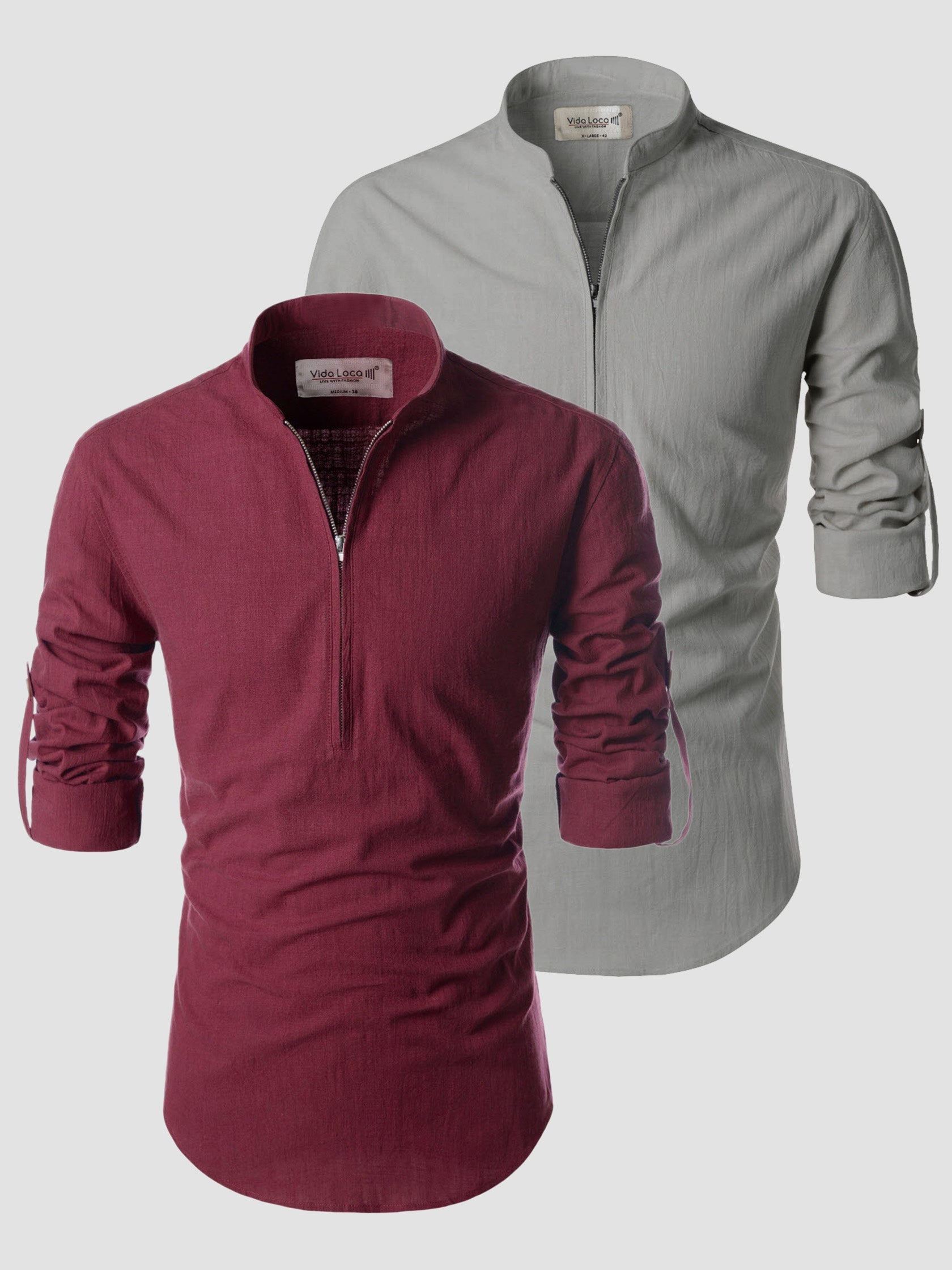 BLUE ROBED men's Casual ZIP Style Full Sleeve Cotton Kurta (Pack 2) in Maroon view 3