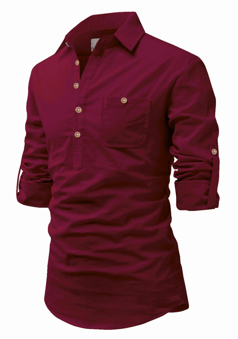 BLUE ROBED men's Full Sleeve Casual Cotton Kurta in Maroon view 41