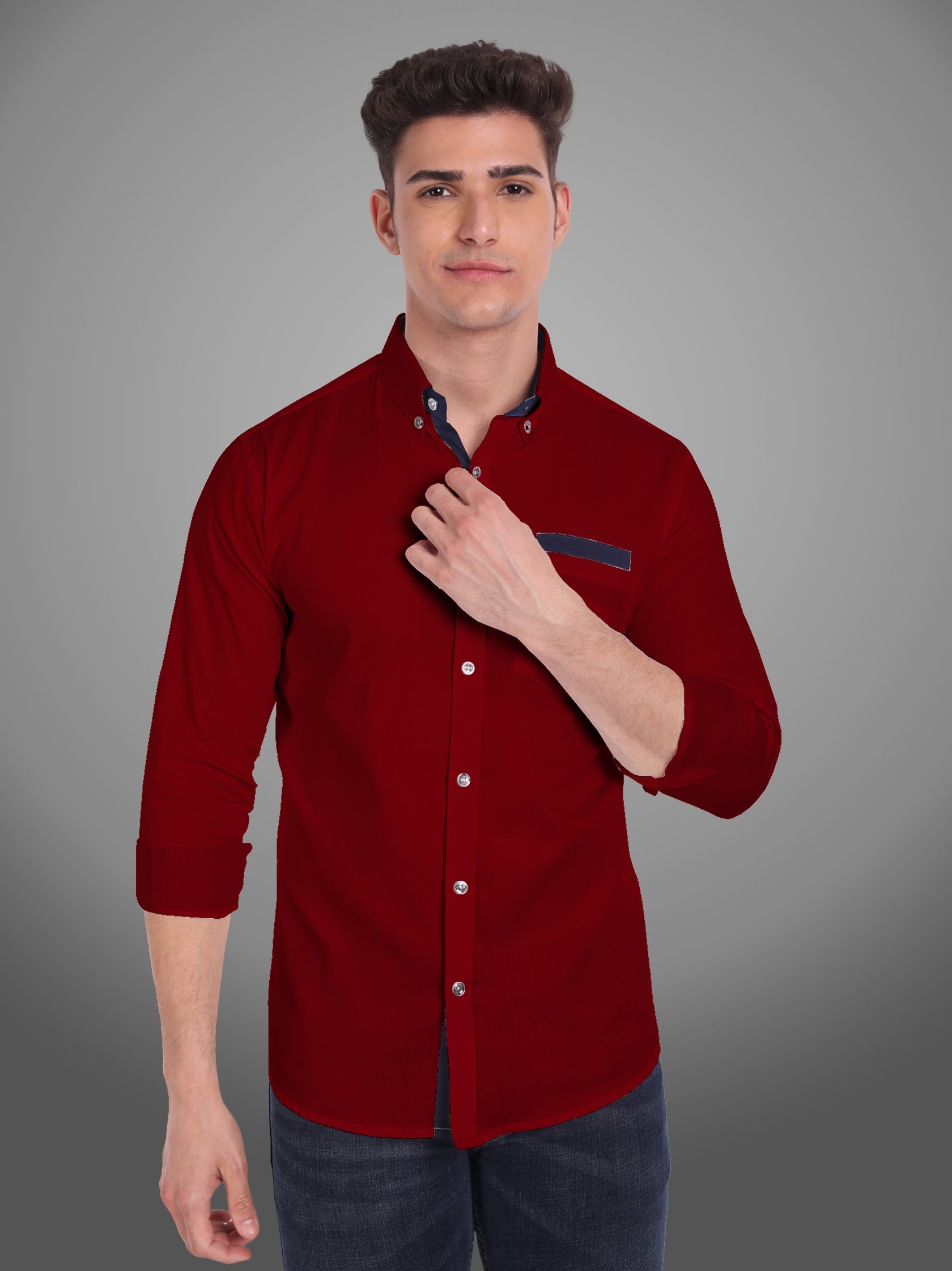 Men's Casual Full Sleeve Silver Button Shirt in White by BLUE ROBED, detail view