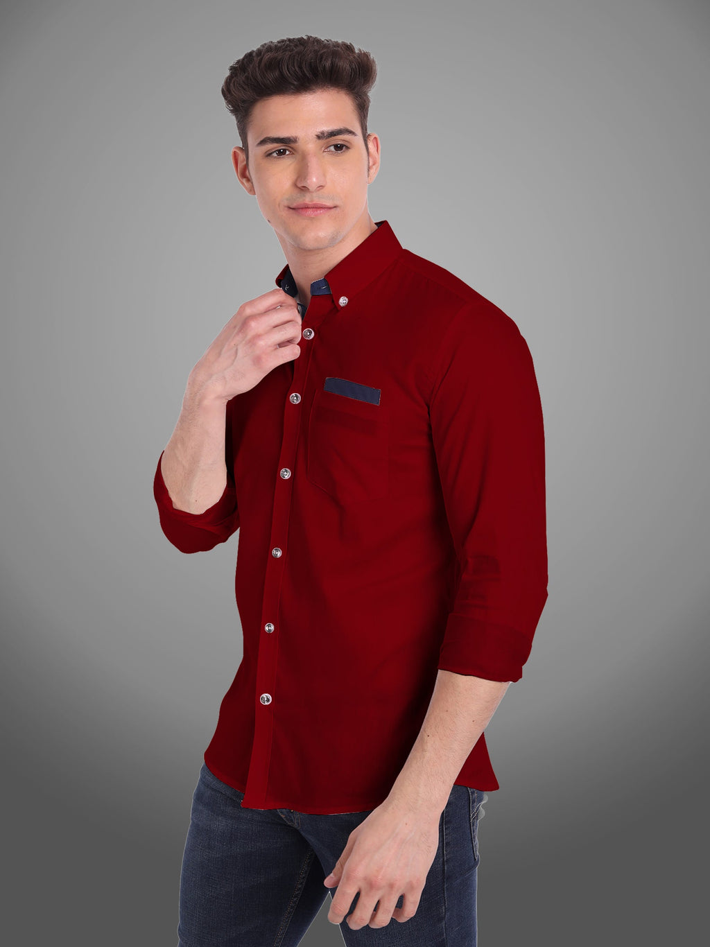 Men's Casual Full Sleeve Silver Button Shirt in White by BLUE ROBED, style view