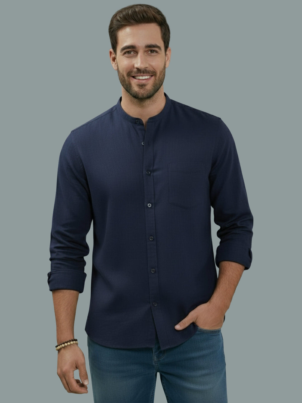 Full Sleeve Chinese Collar Cotton Slim Shirt for Men and Boys in Shirt For Men And Pink by BLUE ROBED, style view