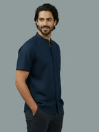 Half Sleeve Chinese Collar Cotton Slim Shirt for Men and Boys in Shirt For Men And White by BLUE ROBED, front view