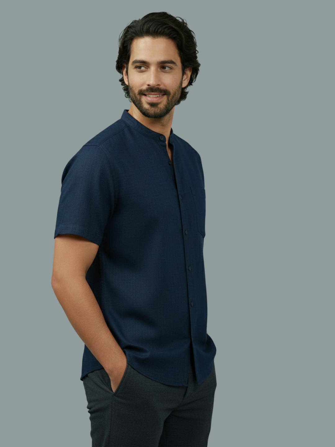 Half Sleeve Chinese Collar Cotton Slim Shirt for Men and Boys in Shirt For Men And White by BLUE ROBED, front view