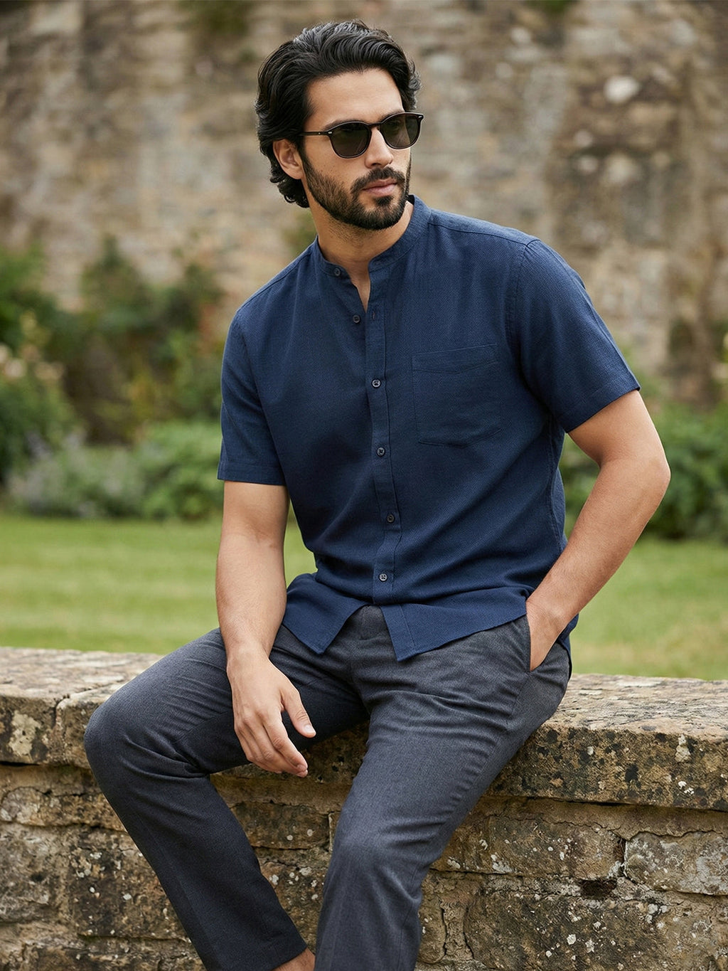 Half Sleeve Chinese Collar Cotton Slim Shirt for Men and Boys in Shirt For Men And White by BLUE ROBED, side view