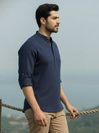 BLUE ROBED Full Sleeve Kurta for men Office Wear in Navy Blue view 75