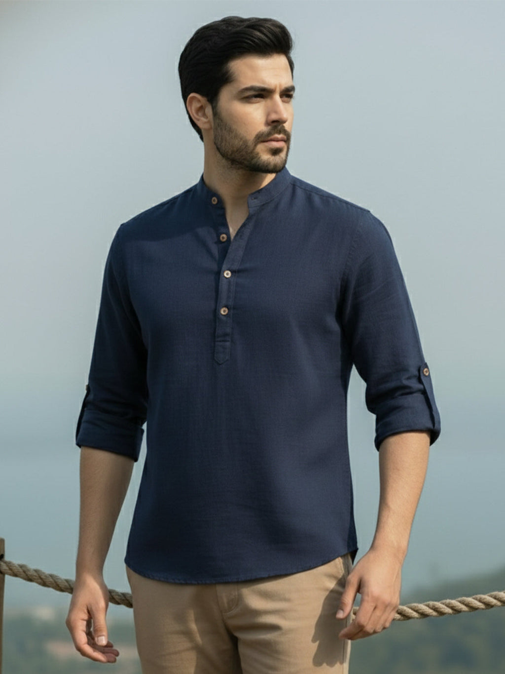 BLUE ROBED Full Sleeve Kurta for men Office Wear in Navy Blue view 74
