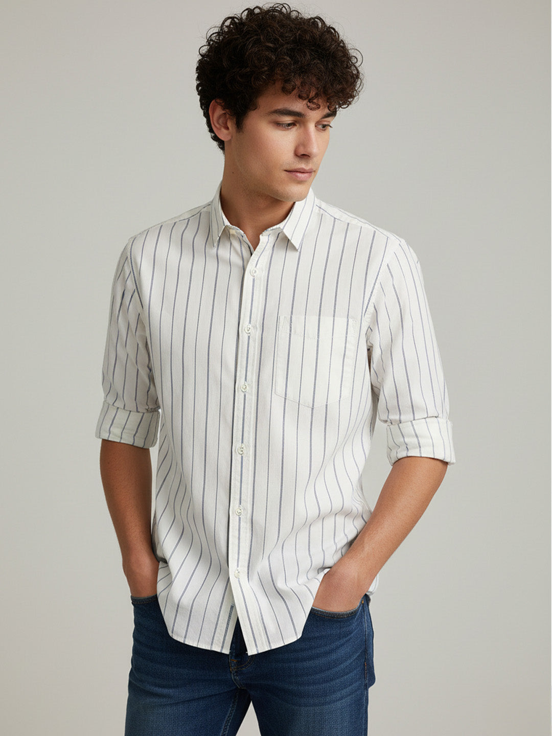 Men's Full Sleeve Spread Collar Cotton Slim Fit Striped Shirt in Navy Blue by BLUE ROBED