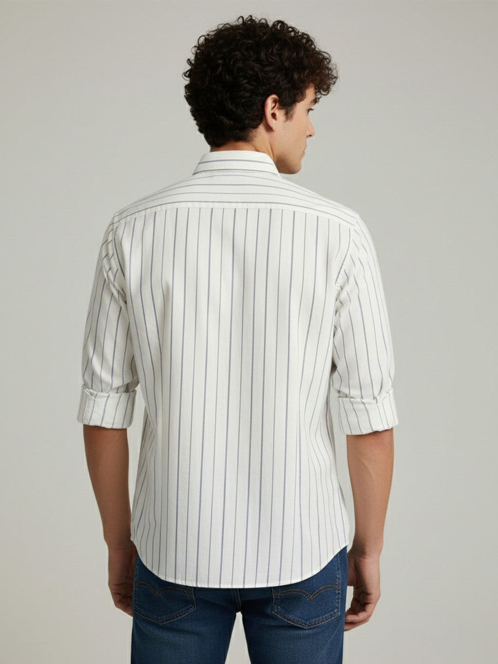Men's Full Sleeve Spread Collar Cotton Slim Fit Striped Shirt in Navy Blue by BLUE ROBED