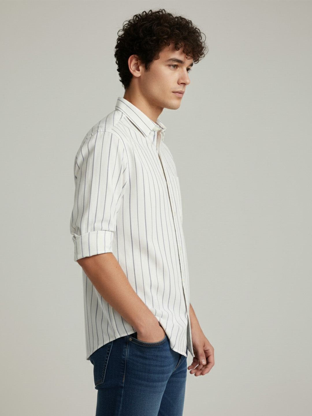 Men's Full Sleeve Spread Collar Cotton Slim Fit Striped Shirt in Navy Blue by BLUE ROBED