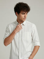Men's Full Sleeve Spread Collar Cotton Slim Fit Striped Shirt in Navy Blue by BLUE ROBED