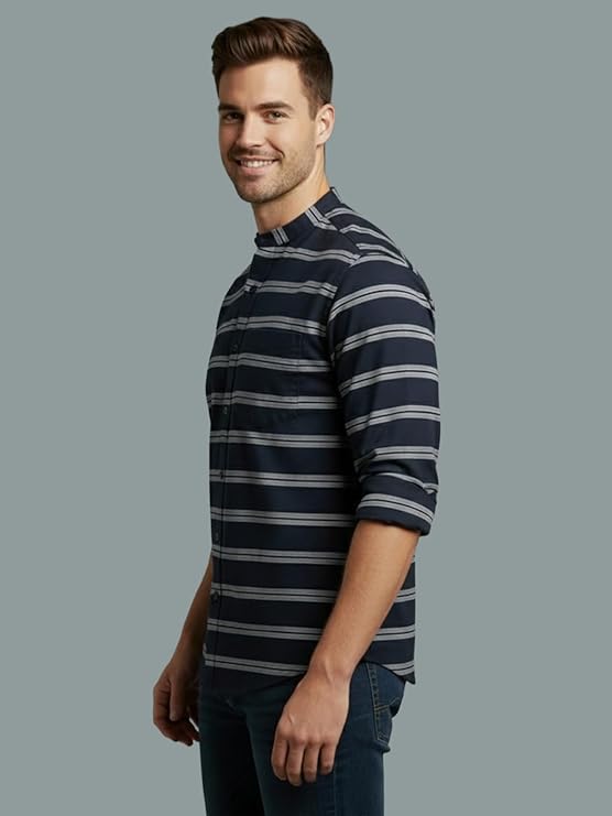 Men's Multi Stripe Strip Full Sleeve Shirt in White by BLUE ROBED, fit view