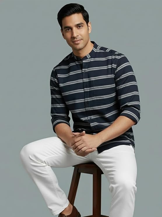 Men's Multi Stripe Strip Full Sleeve Shirt in White by BLUE ROBED, fabric detail