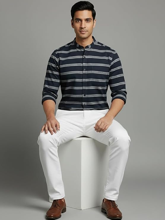 Men's Multi Stripe Strip Full Sleeve Shirt in White by BLUE ROBED, front view