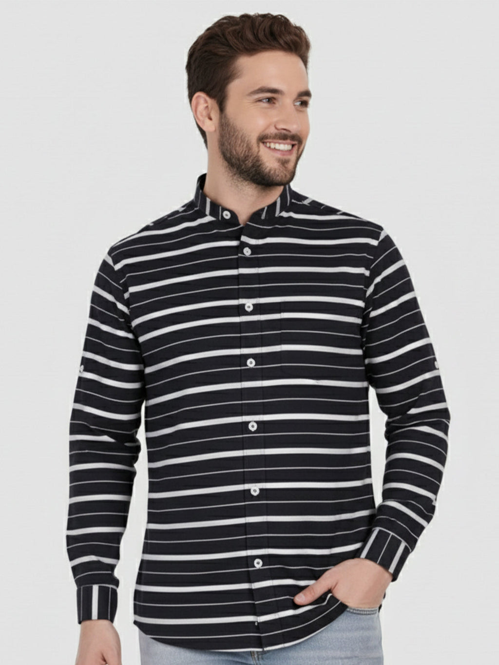 Men's Single Stripe Strip Full Sleeve Shirt in Navy Blue by BLUE ROBED