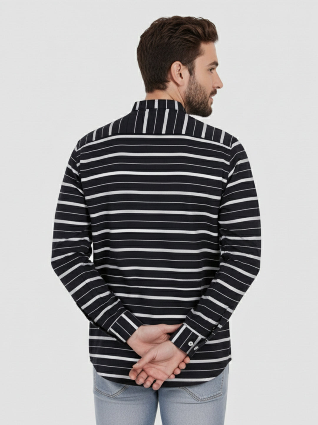 Men's Single Stripe Strip Full Sleeve Shirt in Navy Blue by BLUE ROBED