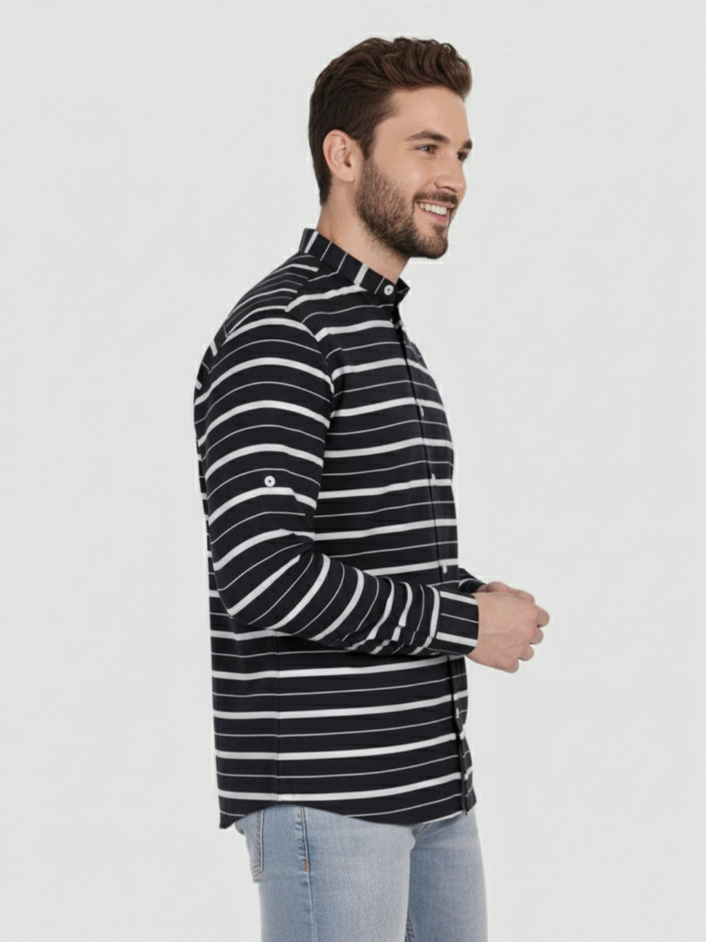 Men's Single Stripe Strip Full Sleeve Shirt in Navy Blue by BLUE ROBED