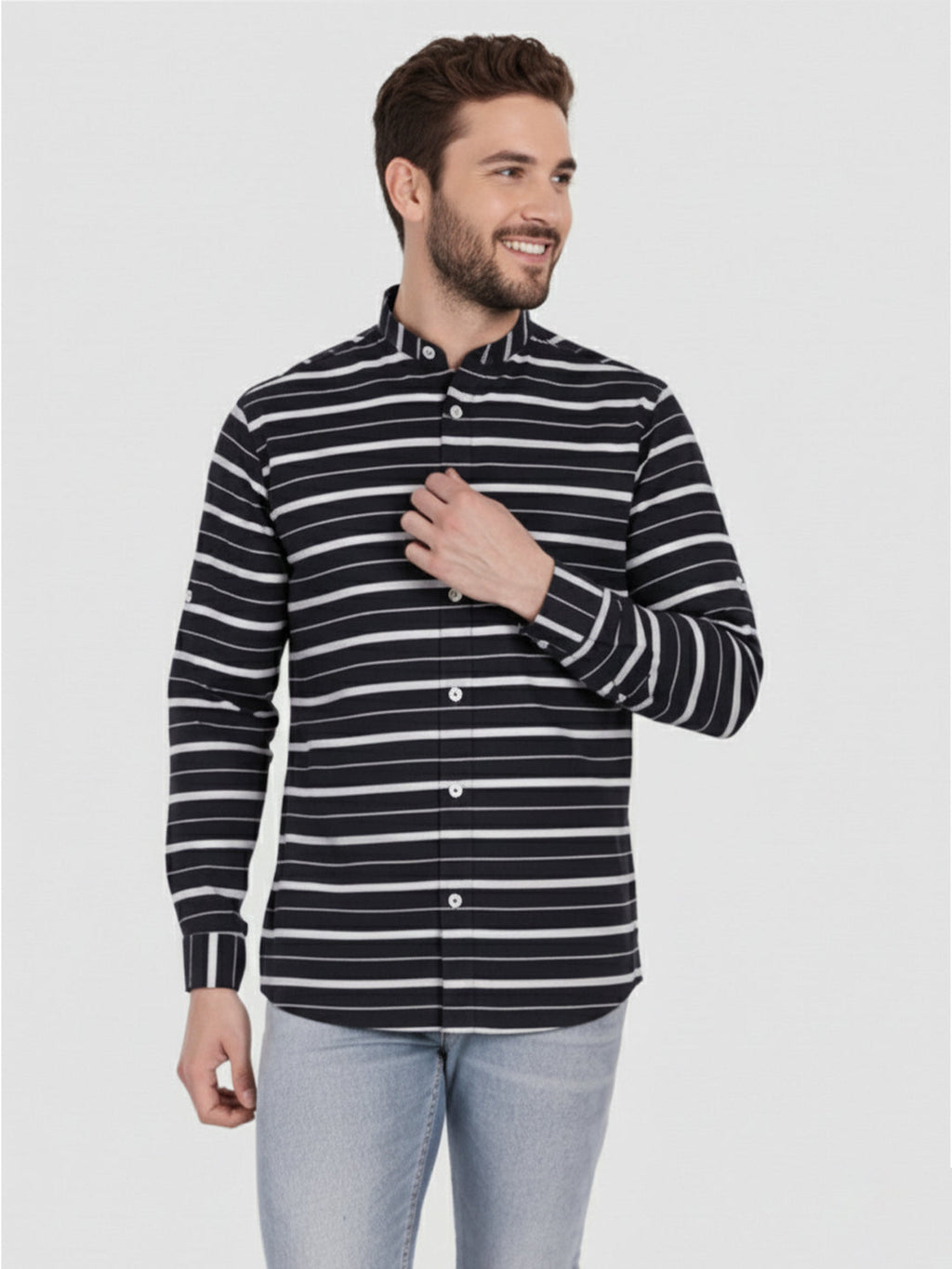 Men's Single Stripe Strip Full Sleeve Shirt in Navy Blue by BLUE ROBED