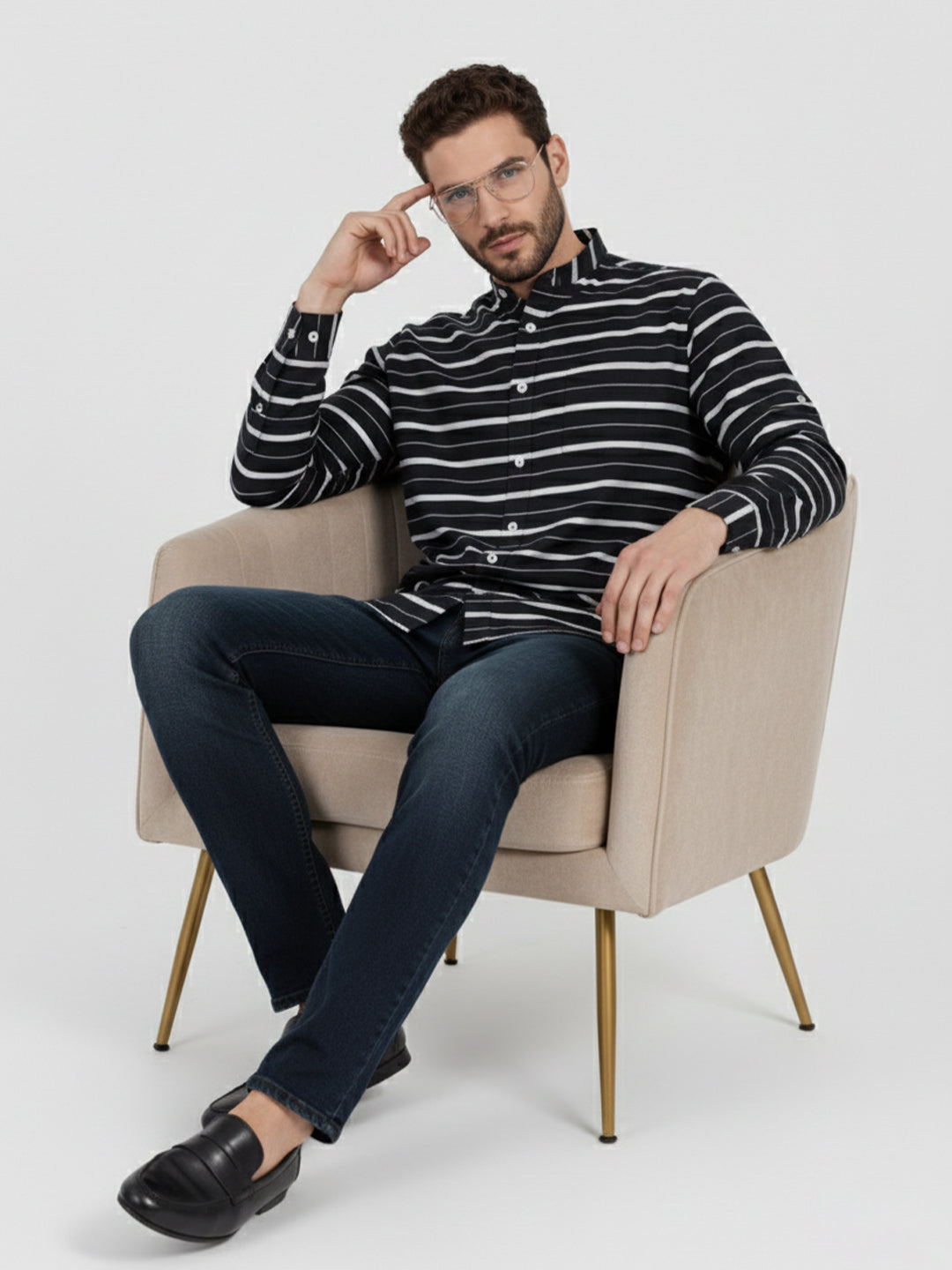 Men's Single Stripe Strip Full Sleeve Shirt in Navy Blue by BLUE ROBED