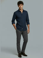 Men's Full Sleeve Spread Collar Premium Casual Shirt for Men Daily Wear in Black by BLUE ROBED, fit view