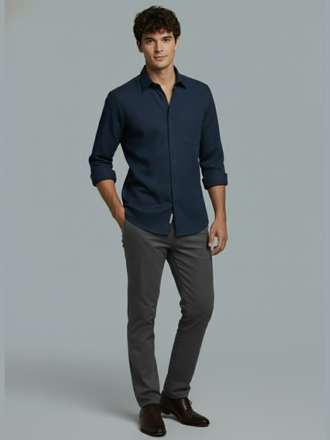Men's Full Sleeve Spread Collar Premium Casual Shirt for Men Daily Wear in Black by BLUE ROBED, fit view