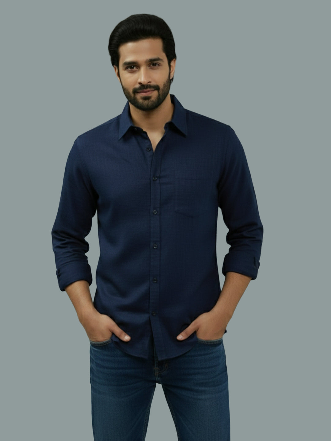 Full Sleeve Spread Collar Cotton Slim Shirt for Men and Boys in Shirt For Men And Green by BLUE ROBED, fit view