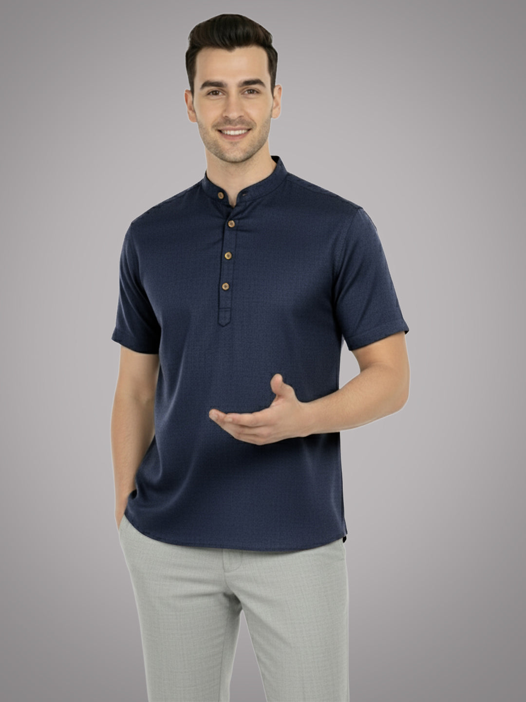 BLUE ROBED Half Sleeve Kurta for men in Navy Blue view 7