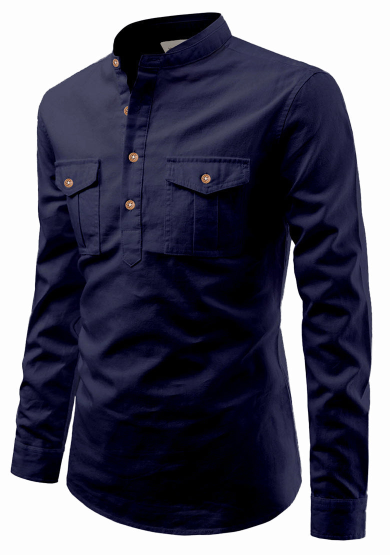 BLUE ROBED men's Casual Slim Fit Full Sleeve Double Pocket Cotton Kurta in Navy view 43