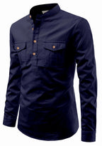 BLUE ROBED men's Casual Slim Fit Full Sleeve Double Pocket Cotton Kurta in Navy view 43