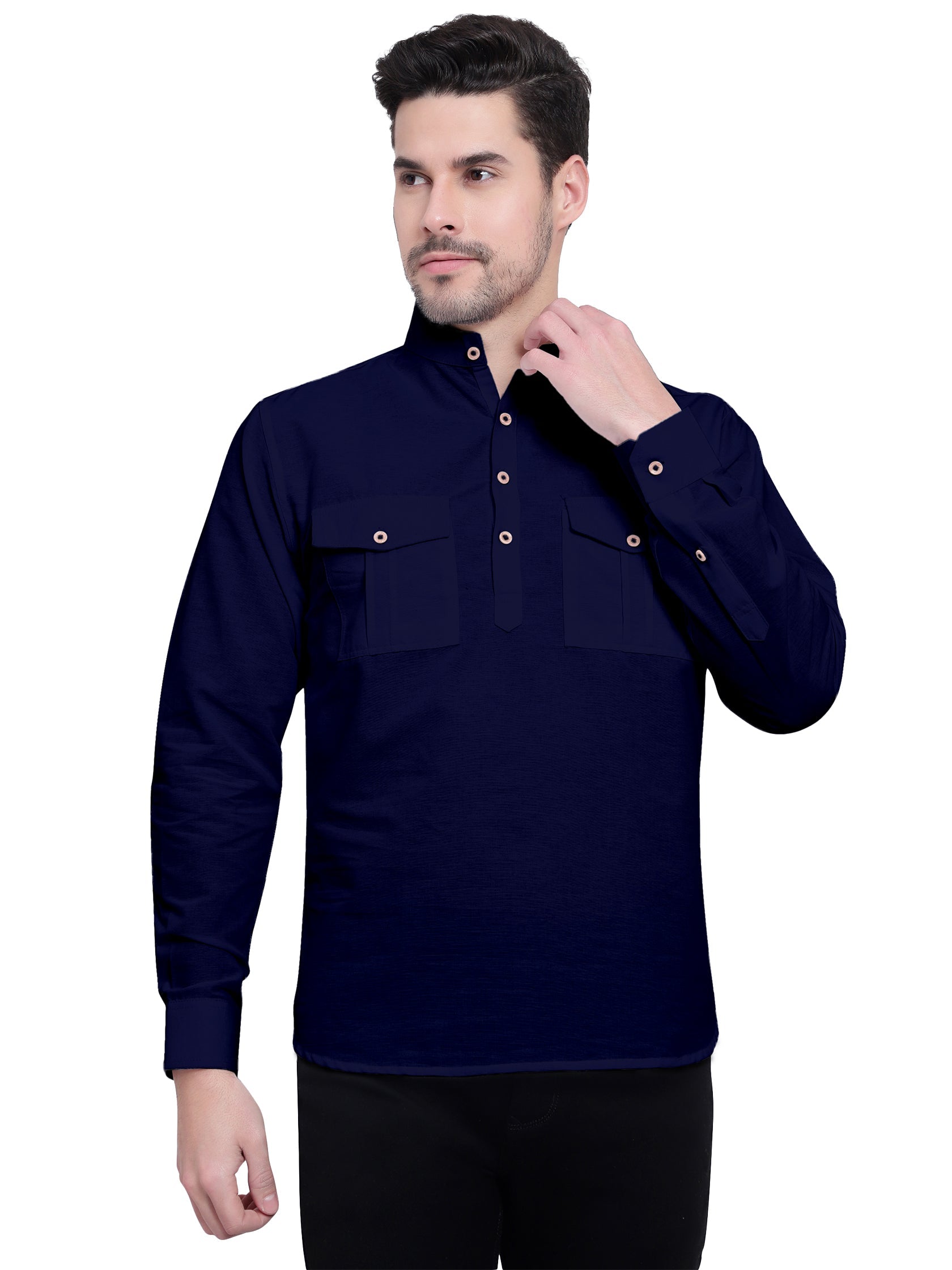 BLUE ROBED men's Casual Slim Fit Full Sleeve Double Pocket Cotton Kurta in Navy