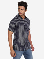 Men's Double Strip Half Sleeve Shirt in Navy by BLUE ROBED, front view