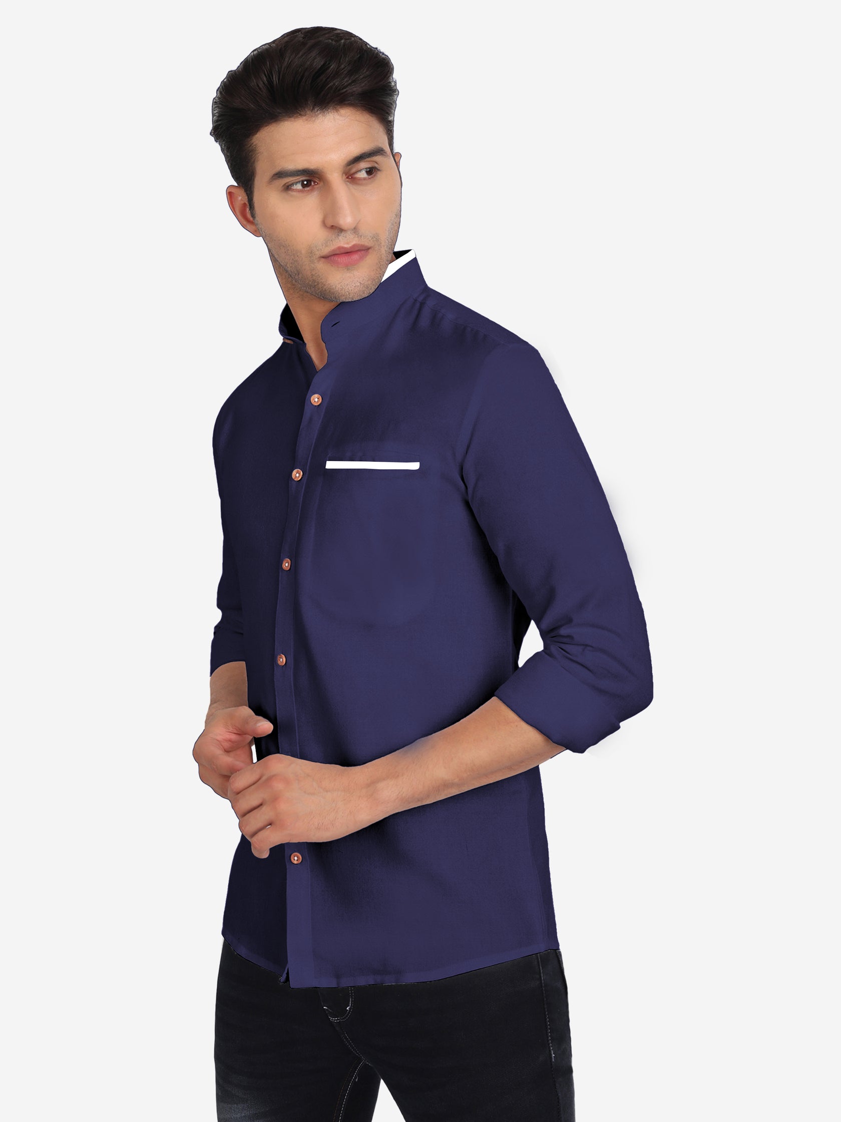 Men's Casual Shirt Full Sleeve Oxford Design Shirt in Black by BLUE ROBED, fit view