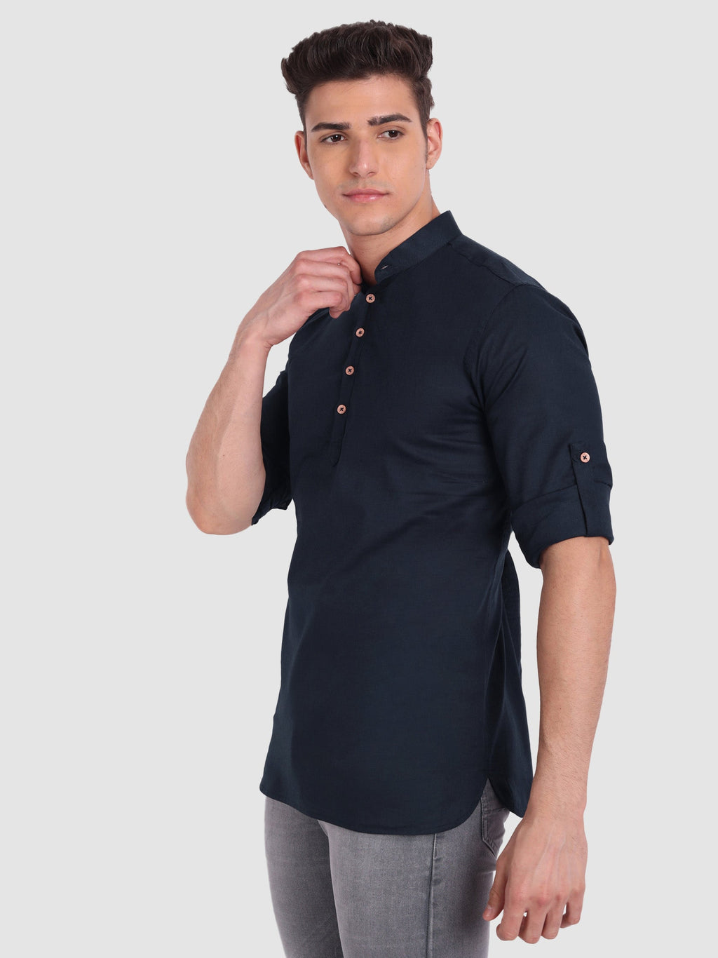 BLUE ROBED men's Casual Slim Fit Full Sleeve Cotton Kurta in Navy view 13