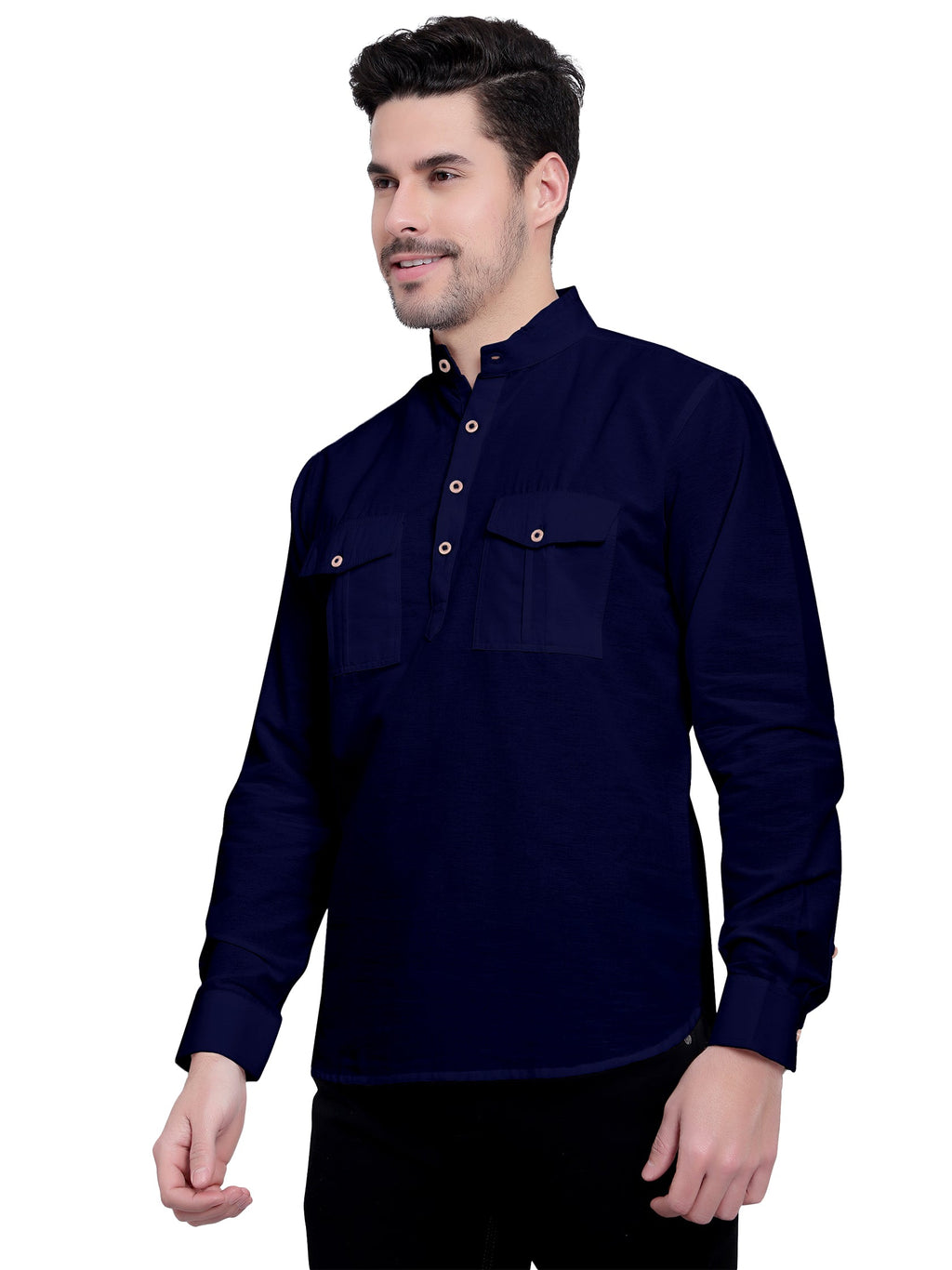 BLUE ROBED men's Casual Slim Fit Full Sleeve Double Pocket Cotton Kurta in Navy view 2