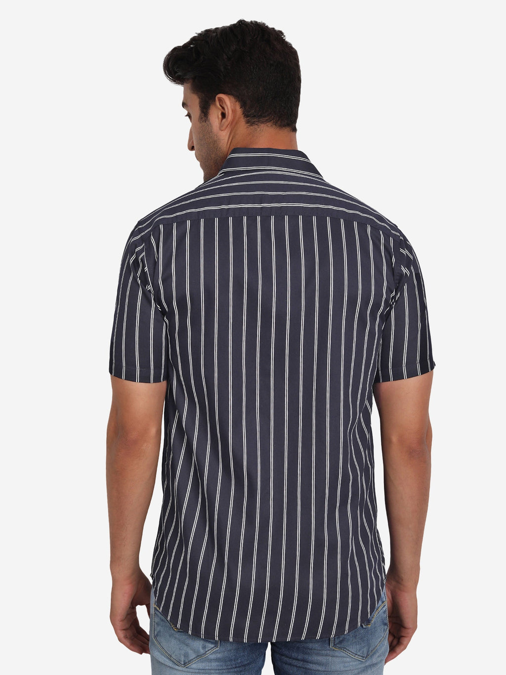 Men's Double Strip Half Sleeve Shirt in Navy by BLUE ROBED, side view