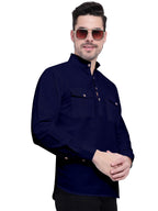 BLUE ROBED men's Casual Slim Fit Full Sleeve Double Pocket Cotton Kurta in Navy view 3