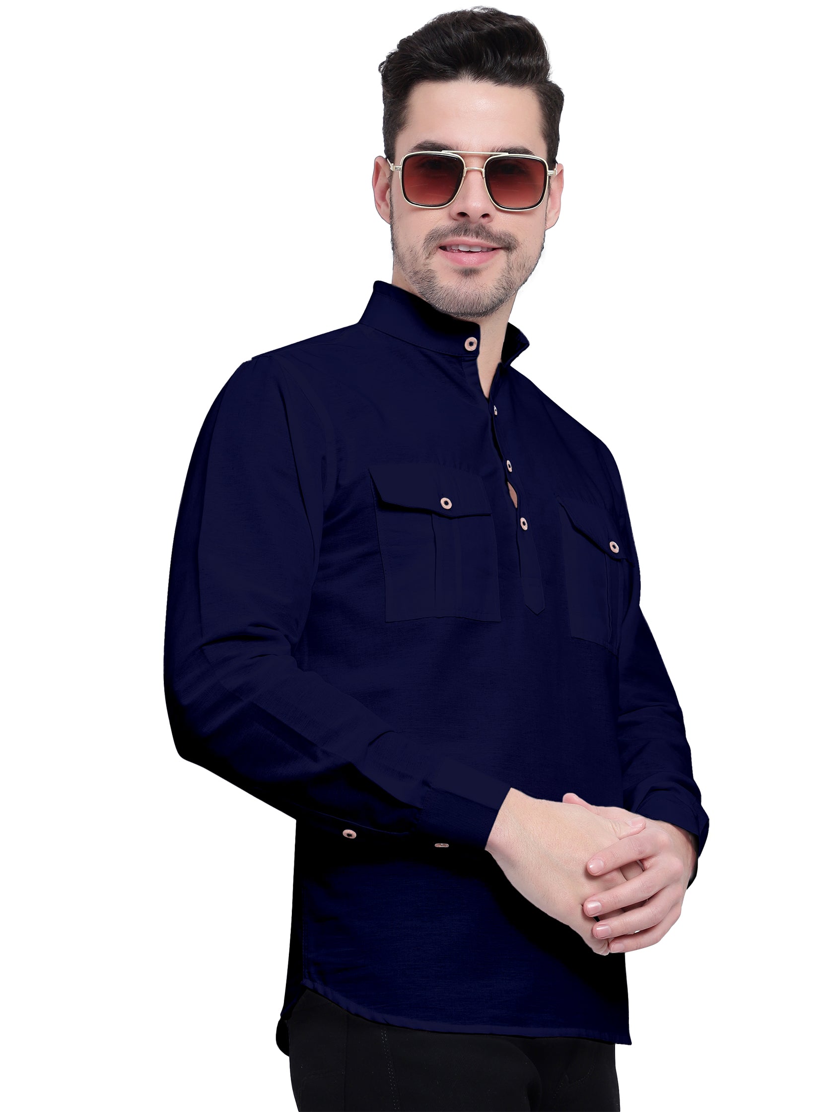 BLUE ROBED men's Casual Slim Fit Full Sleeve Double Pocket Cotton Kurta in Navy view 3