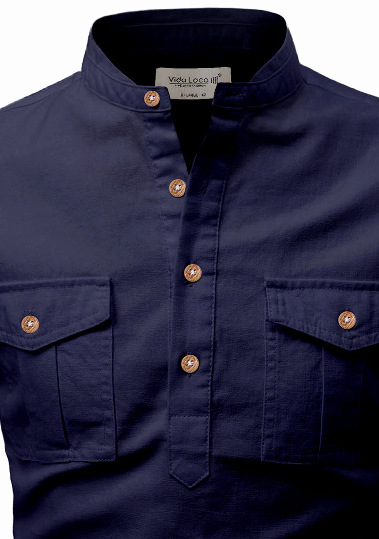 BLUE ROBED men's Casual Slim Fit Full Sleeve Double Pocket Cotton Kurta in Navy view 45