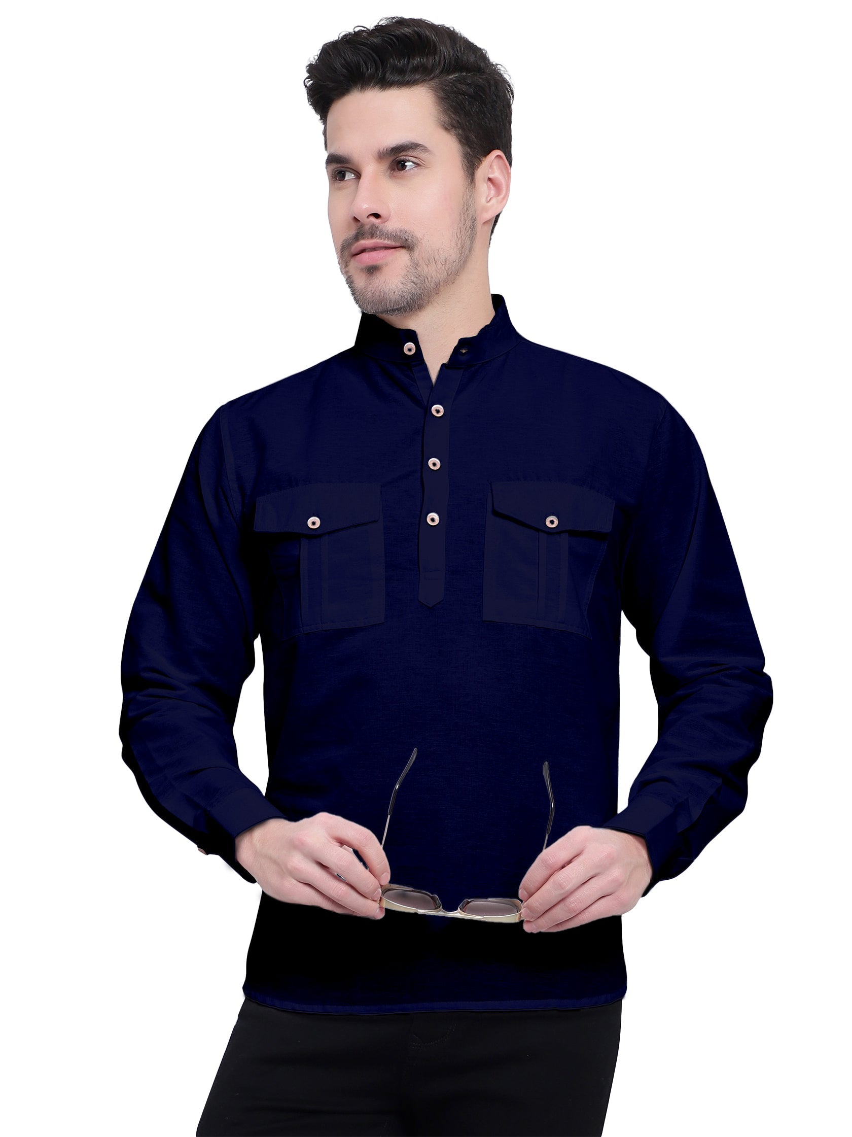 BLUE ROBED men's Casual Slim Fit Full Sleeve Double Pocket Cotton Kurta in Navy view 4